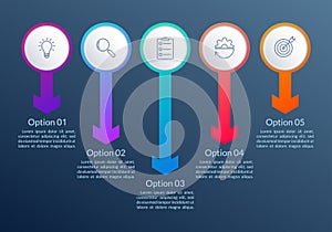 5 steps infographic. Timeline info graphic design with five circles and arrows. Business process layout with outline icons. Vector